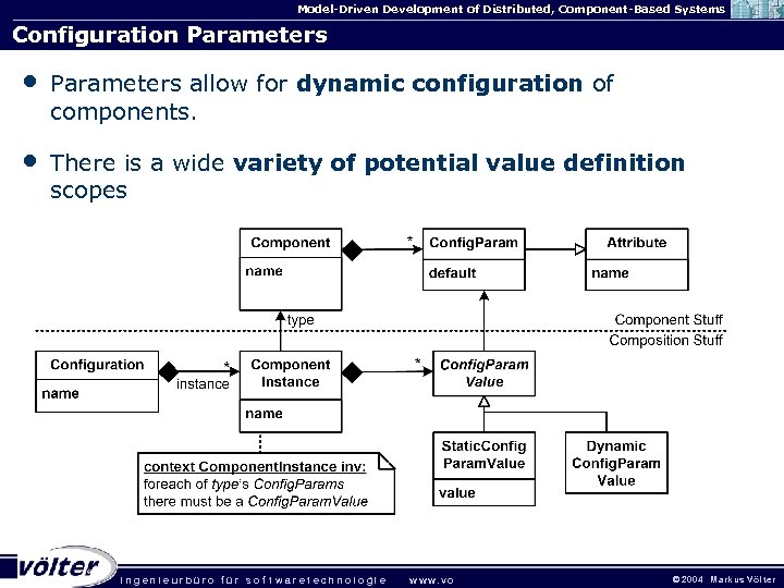 Model-Driven Development of Distributed, Component-Based Systems Configuration Parameters • Parameters allow for dynamic configuration