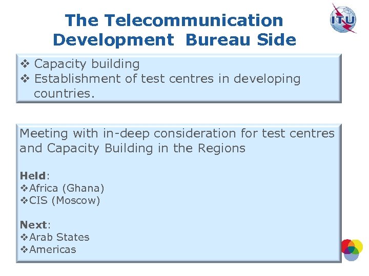 The Telecommunication Development Bureau Side v Capacity building v Establishment of test centres in