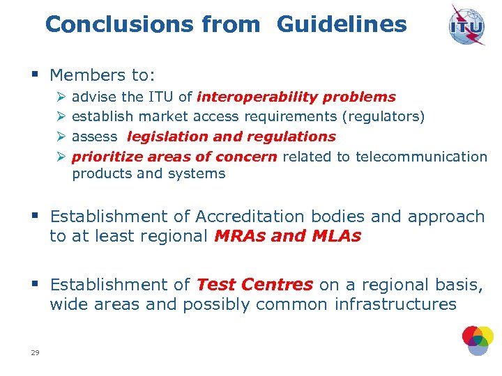 Conclusions from Guidelines § Members to: Ø Ø advise the ITU of interoperability problems