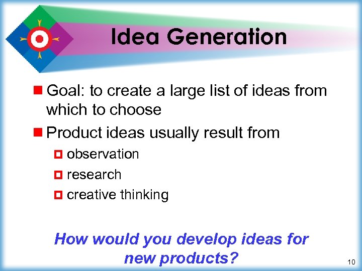 Idea Generation ¾ Goal: to create a large list of ideas from which to