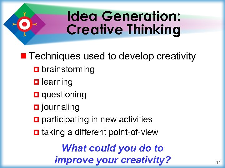 Idea Generation: Creative Thinking ¾ Techniques used to develop creativity ¤ brainstorming ¤ learning