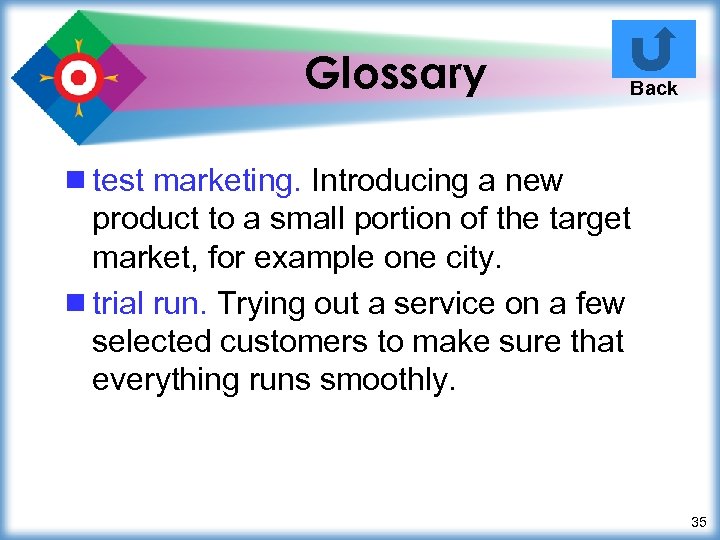 Glossary Back ¾ test marketing. Introducing a new product to a small portion of