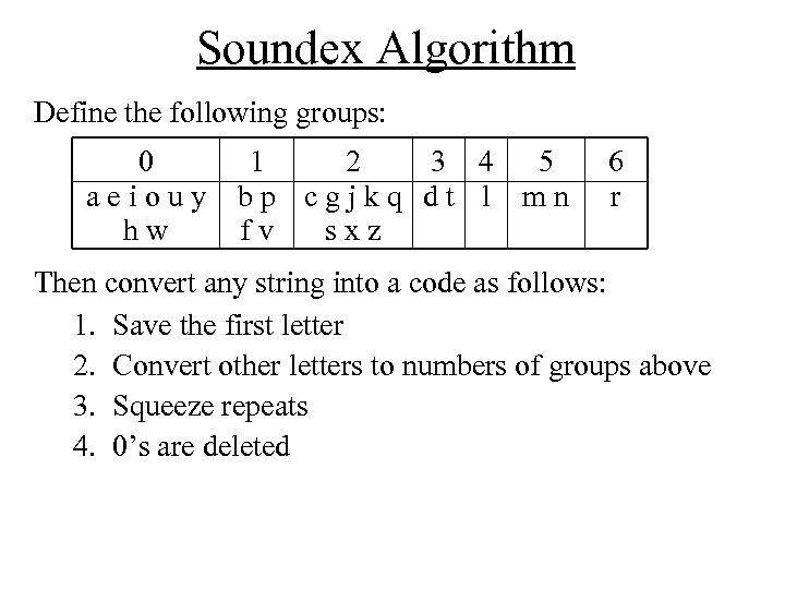 Soundex Algorithm Define the following groups: 0 aeiouy hw 1 2 3 4 5