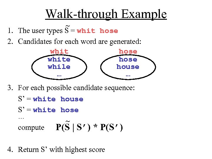 Walk-through Example ~ 1. The user types S = whit hose 2. Candidates for