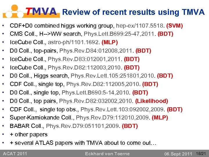 Review of recent results using TMVA • • • • CDF+D 0 combined higgs