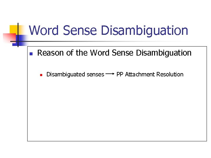 Word Sense Disambiguation n Reason of the Word Sense Disambiguation n Disambiguated senses PP