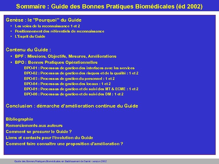 Sommaire : Guide des Bonnes Pratiques Biomédicales (éd 2002) Genèse : le "Pourquoi" du