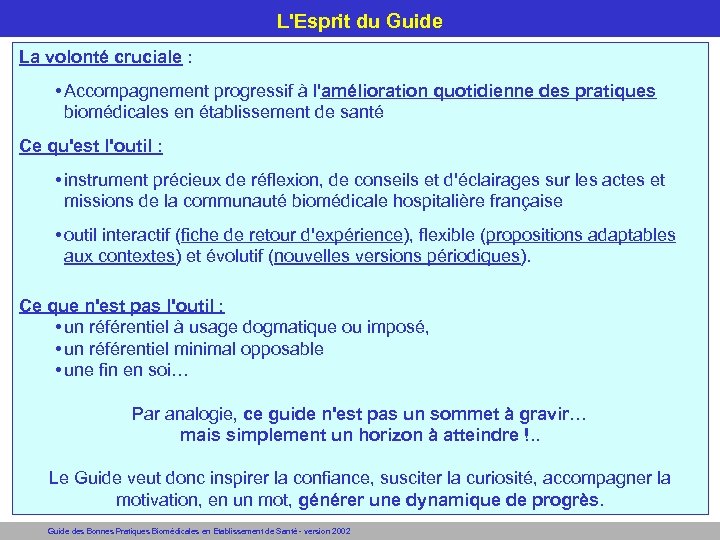 L'Esprit du Guide La volonté cruciale : • Accompagnement progressif à l'amélioration quotidienne des