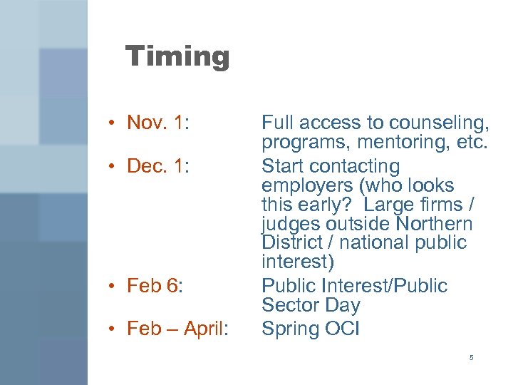 Timing • Nov. 1: • Dec. 1: • Feb 6: • Feb – April: