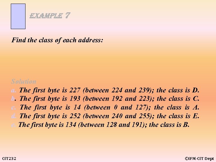 example 7 Find the class of each address: Solution a. The first byte is