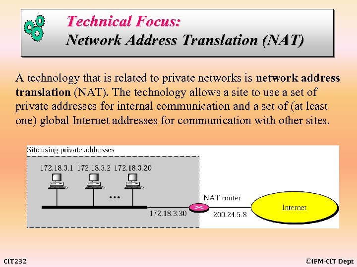 Technical Focus: Network Address Translation (NAT) A technology that is related to private networks