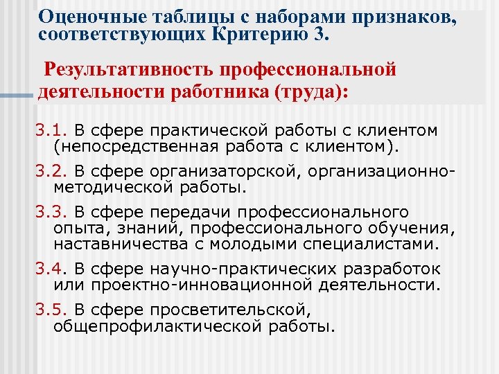 Оценочные таблицы с наборами признаков, соответствующих Критерию 3. Результативность профессиональной деятельности работника (труда): 3.