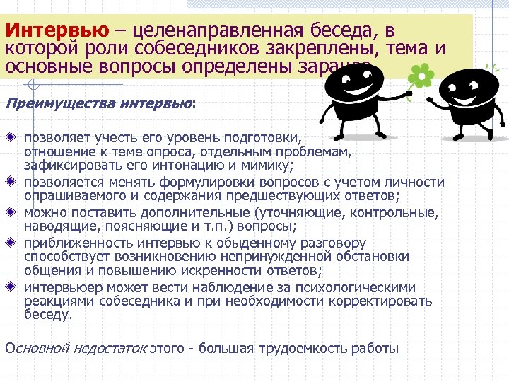 Интервью – целенаправленная беседа, в которой роли собеседников закреплены, тема и основные вопросы определены