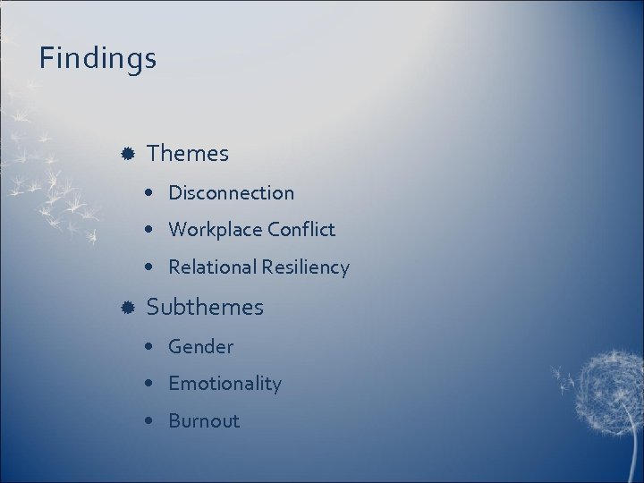 Findings Themes • Disconnection • Workplace Conflict • Relational Resiliency Subthemes • Gender •