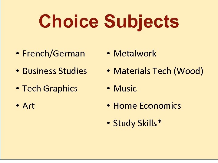 Choice Subjects • French/German • Metalwork • Business Studies • Materials Tech (Wood) •