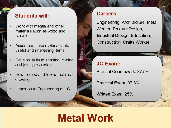 Careers: Students will: • Work with metals and other materials such as wood and