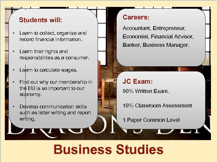 Students will: • Learn to collect, organise and record financial information. Careers: Accountant, Entrepreneur,