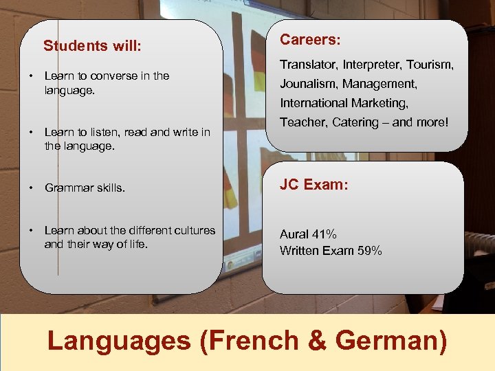 Students will: • Learn to converse in the language. • Learn to listen, read
