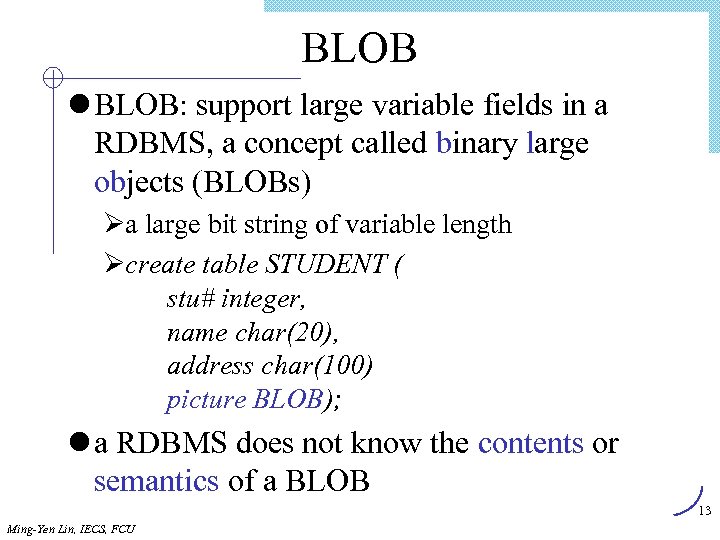 BLOB l BLOB: support large variable fields in a RDBMS, a concept called binary