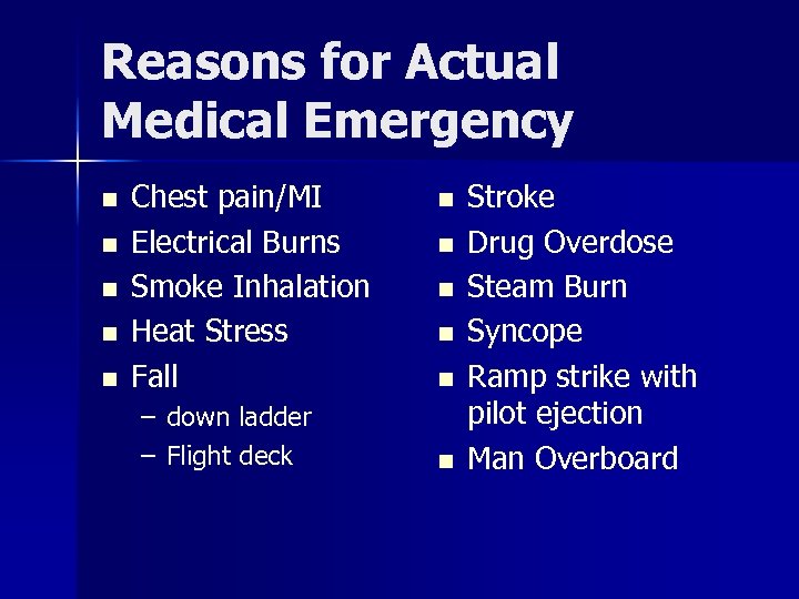 Reasons for Actual Medical Emergency n n n Chest pain/MI Electrical Burns Smoke Inhalation