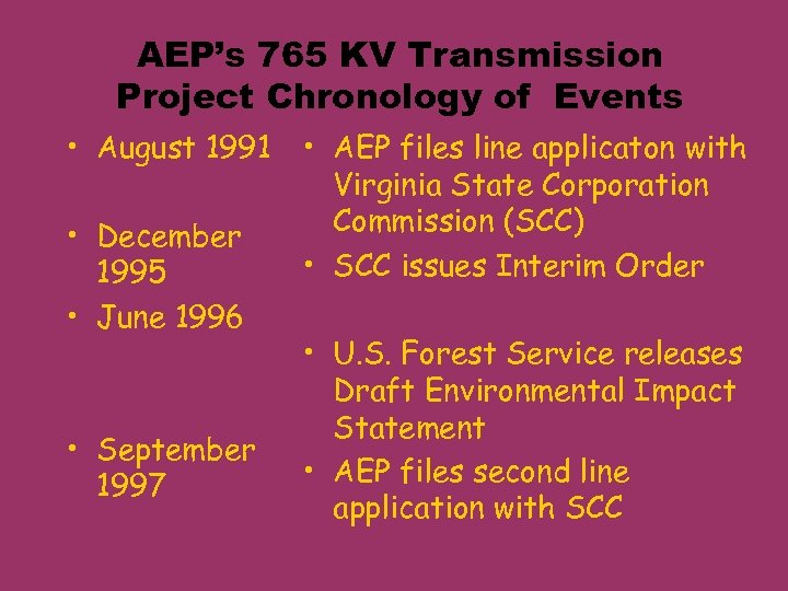 AEP’s 765 KV Transmission Project Chronology of Events • August 1991 • December 1995