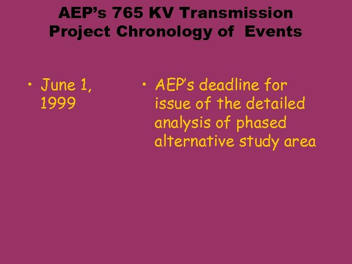 AEP’s 765 KV Transmission Project Chronology of Events • June 1, 1999 • AEP’s