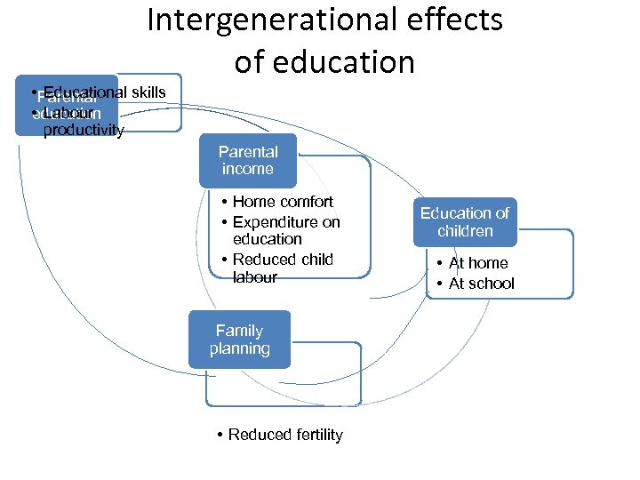 Intergenerational effects of education • Parental Educational skills • Labour education productivity Parental income