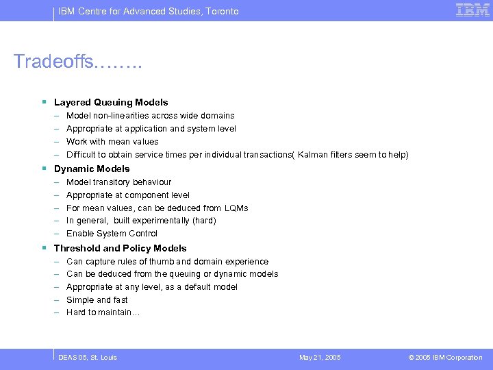 IBM Centre for Advanced Studies, Toronto Tradeoffs. ……. § Layered Queuing Models – –