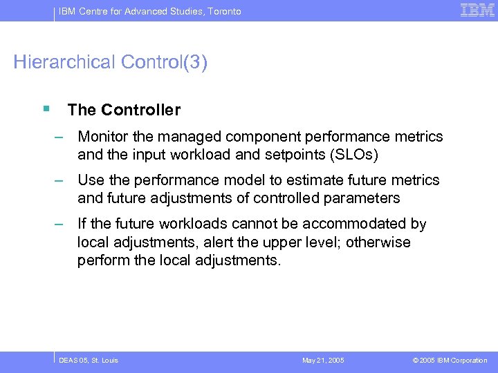 IBM Centre for Advanced Studies, Toronto Hierarchical Control(3) § The Controller – Monitor the