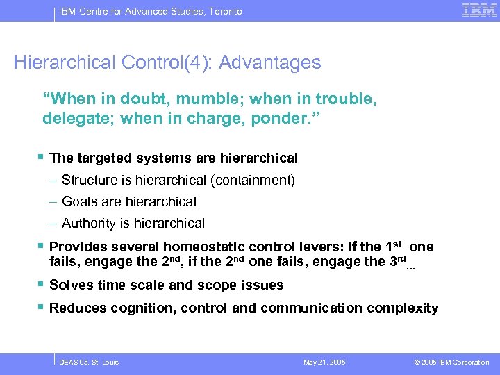 IBM Centre for Advanced Studies, Toronto Hierarchical Control(4): Advantages “When in doubt, mumble; when