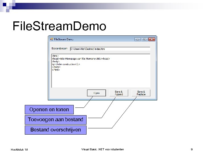 File. Stream. Demo Openen en tonen Toevoegen aan bestand Bestand overschrijven Hoofdstuk 18 Visual