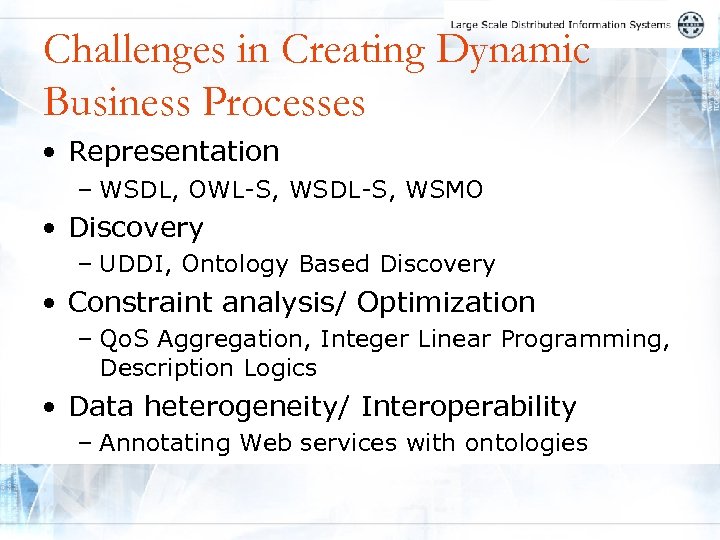 Challenges in Creating Dynamic Business Processes • Representation – WSDL, OWL-S, WSDL-S, WSMO •