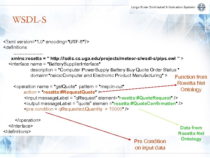 WSDL-S <? xml version="1. 0" encoding="UTF-8"? > <definitions ………………. xmlns: rosetta = " http: