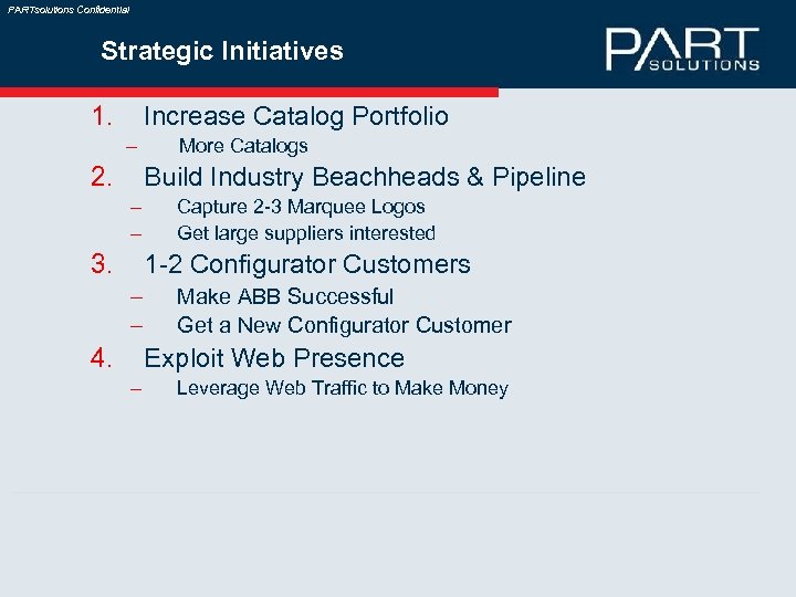 PARTsolutions Confidential Strategic Initiatives 1. Increase Catalog Portfolio – 2. More Catalogs Build Industry