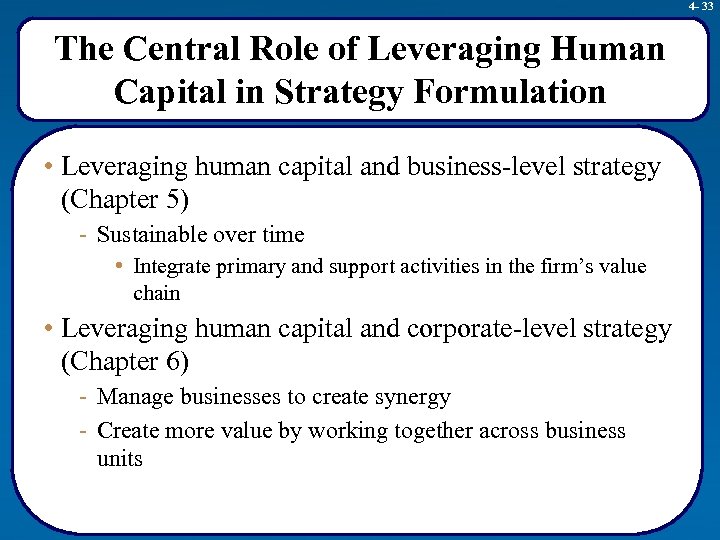 4 - 33 The Central Role of Leveraging Human Capital in Strategy Formulation •