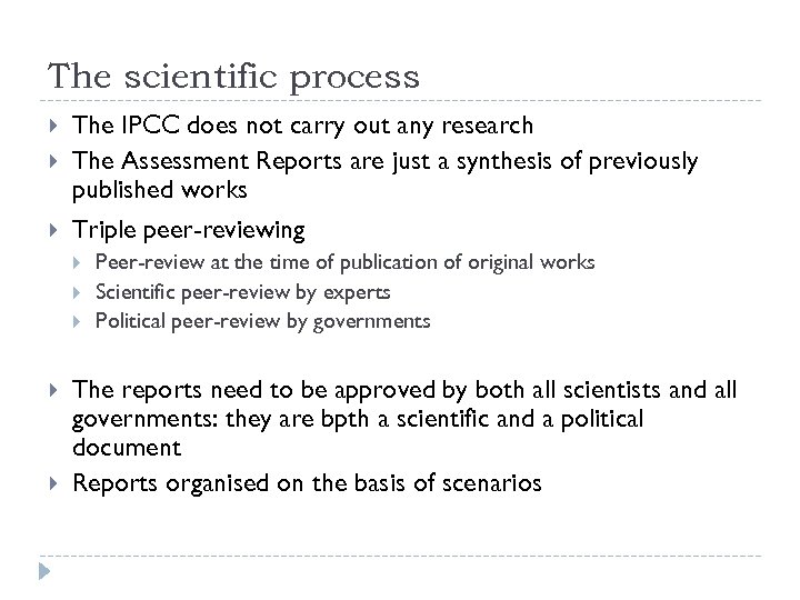The scientific process The IPCC does not carry out any research The Assessment Reports