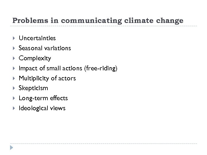 Problems in communicating climate change Uncertainties Seasonal variations Complexity Impact of small actions (free-riding)
