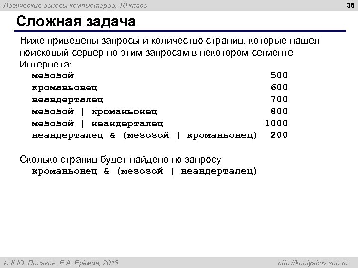 38 Логические основы компьютеров, 10 класс Сложная задача Ниже приведены запросы и количество страниц,