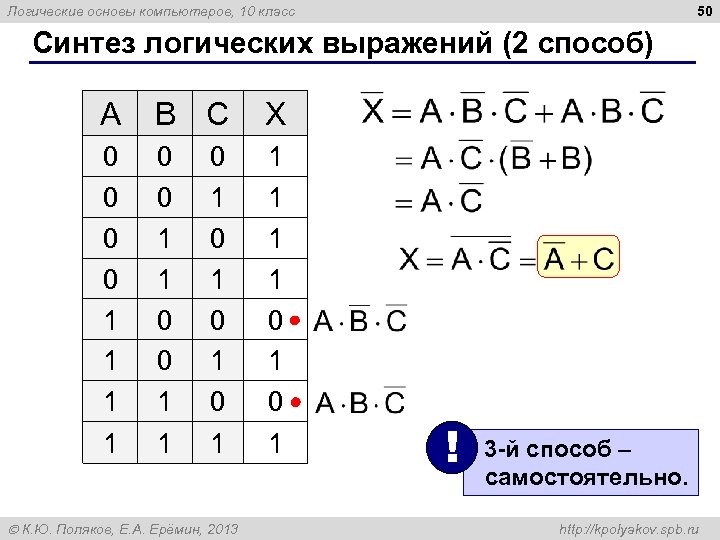 50 Логические основы компьютеров, 10 класс Синтез логических выражений (2 способ) A B C