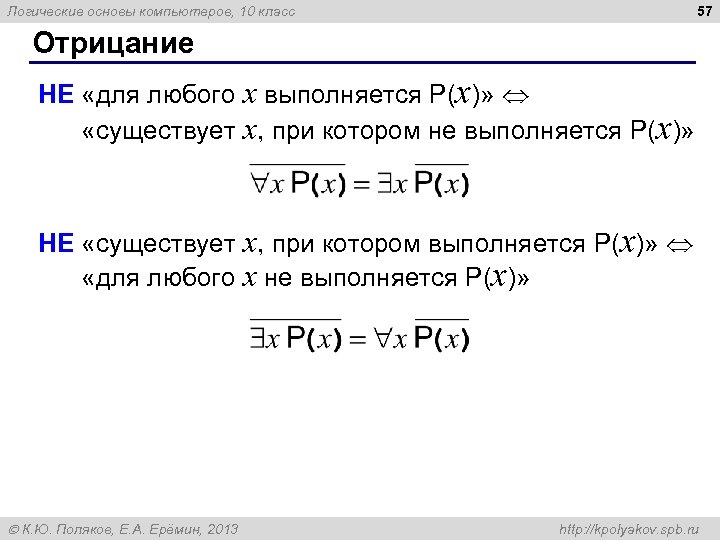 57 Логические основы компьютеров, 10 класс Отрицание НЕ «для любого x выполняется P(x)» «существует