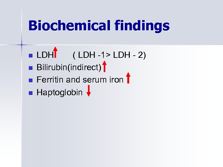 Biochemical findings n n LDH ( LDH -1> LDH - 2) Bilirubin(indirect) Ferritin and