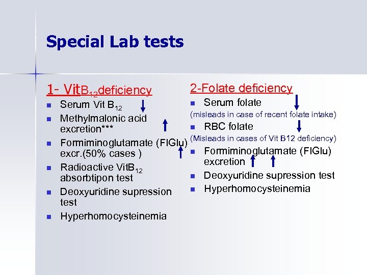 Special Lab tests 1 - Vit. B 12 deficiency n n n 2 -Folate