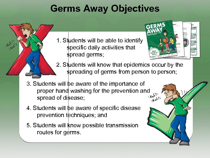 Germs Away Objectives 1. Students will be able to identify specific daily activities that