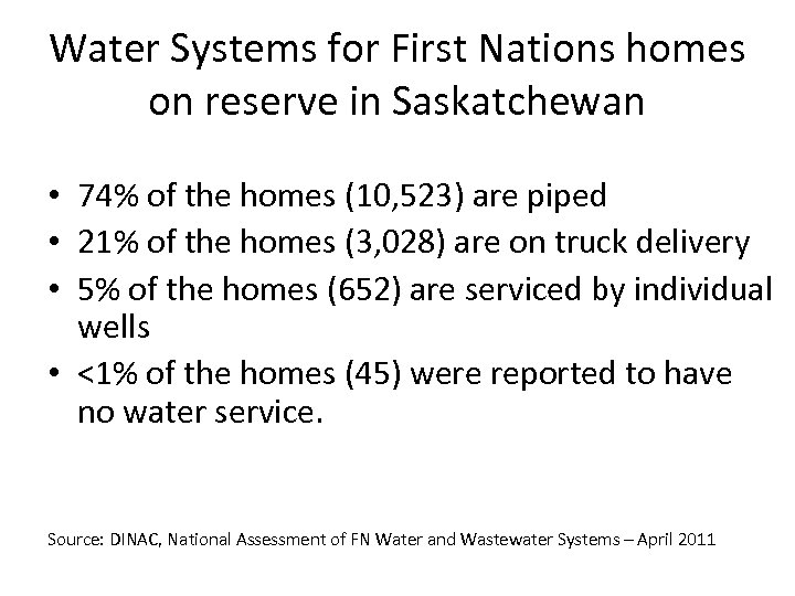 Water Systems for First Nations homes on reserve in Saskatchewan • 74% of the