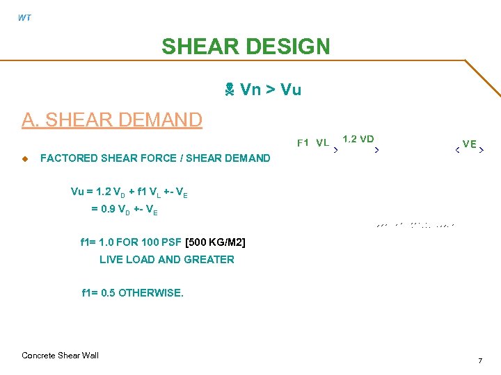 WT SHEAR DESIGN N Vn > Vu A. SHEAR DEMAND u FACTORED SHEAR FORCE