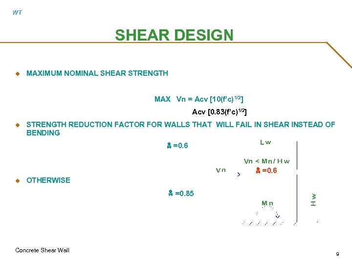 WT SHEAR DESIGN u MAXIMUM NOMINAL SHEAR STRENGTH MAX Vn = Acv [10(f’c)1/2] Acv