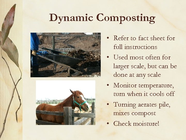 Dynamic Composting • Refer to fact sheet for full instructions • Used most often