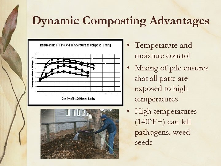 Dynamic Composting Advantages • Temperature and moisture control • Mixing of pile ensures that