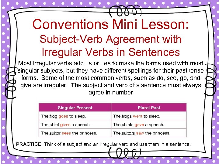 Conventions Mini Lesson: Subject-Verb Agreement with Irregular Verbs in Sentences Most irregular verbs add