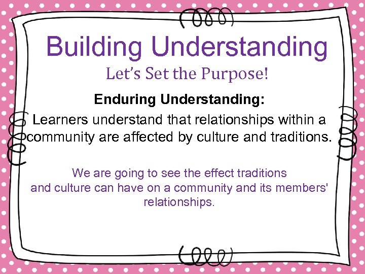 Building Understanding Let’s Set the Purpose! Enduring Understanding: Learners understand that relationships within a